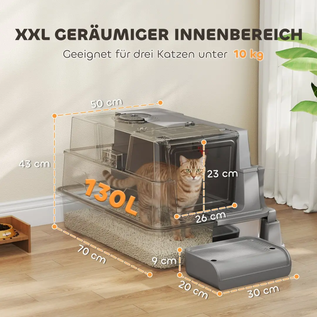 Pawhut Kattenbak Roestvrij Staal - 70x50x43cm Grijs