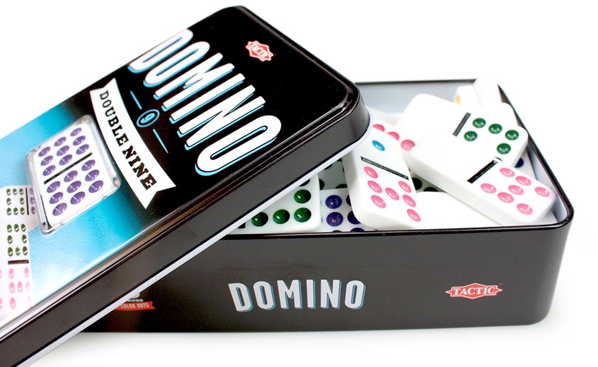 Tactic Domino Double Nine – Bordspel – Luxe Tin – Uitgebreid Dominospel met Gekleurde Stenen – Vanaf 7 Jaar – 2 of Meer Spelers