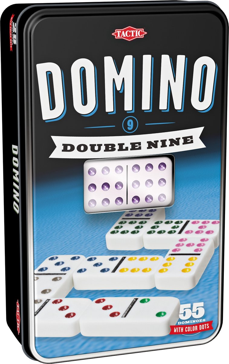 Tactic Domino Double Nine – Bordspel – Luxe Tin – Uitgebreid Dominospel met Gekleurde Stenen – Vanaf 7 Jaar – 2 of Meer Spelers