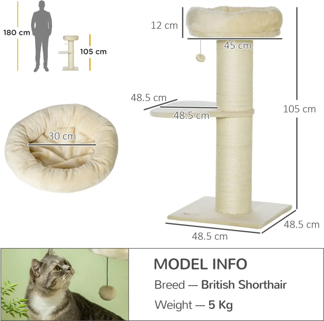 Pawhut Kattenboom Knuffel 48,5x48,5x105cm - 3 Niveaus - Beige