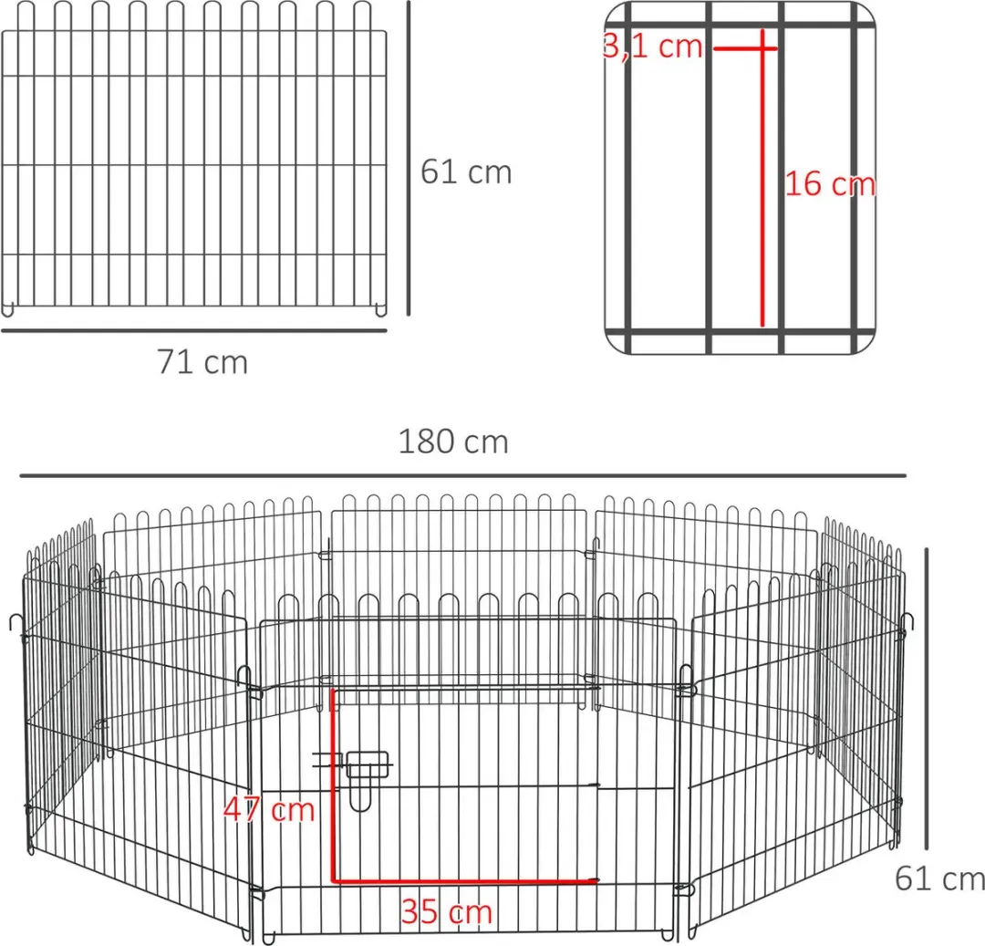 Pawhut Puppyhek Vergrendelbaar Roestbestendig 8 Grille - Zwart