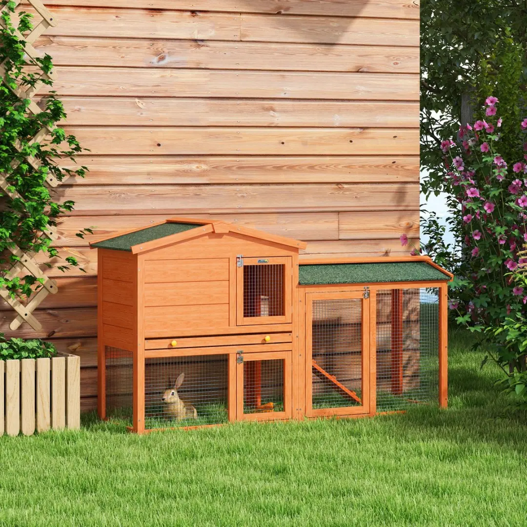 Pawhut Konijnenhok 2 Niveaus 150x45x85cm - Oranje