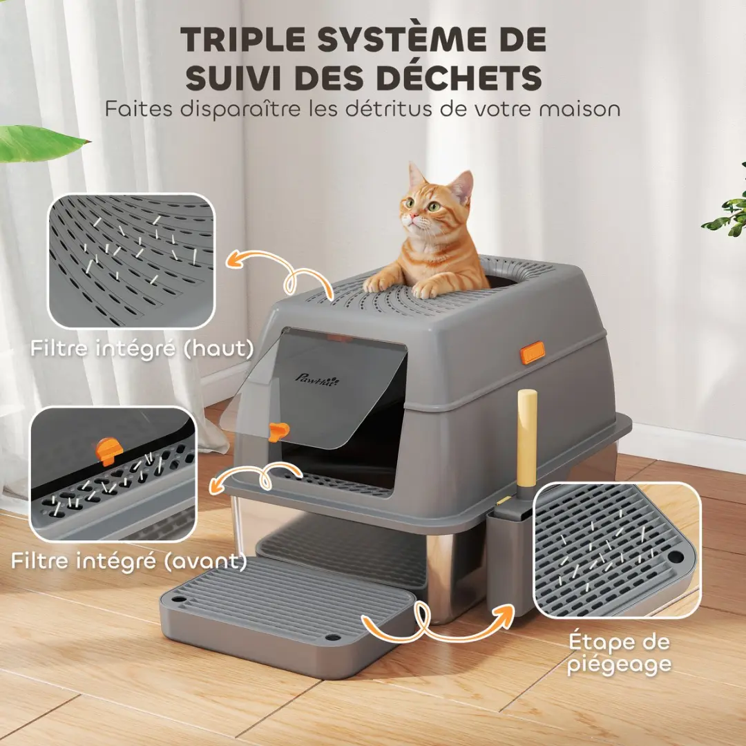 Pawhut Kattenbak Roestvrij Staal 60x40x38cm - Donkergrijs