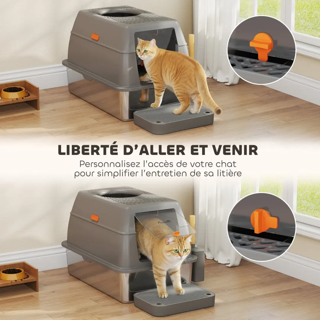 Pawhut Kattenbak Roestvrij Staal 60x40x38cm - Donkergrijs