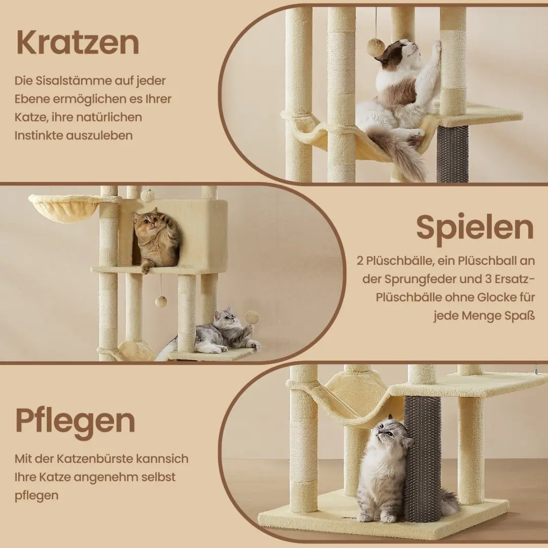 Songmics Krabpaal 175cm - 7 Niveaus - 3 Ligplekken - Zandbeige