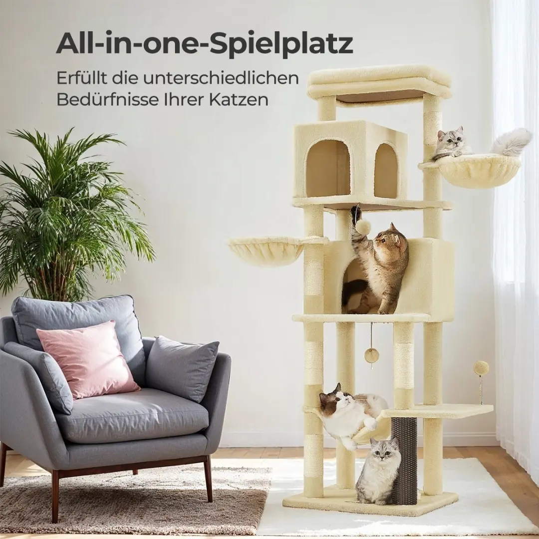 Songmics Krabpaal 175cm - 7 Niveaus - 3 Ligplekken - Zandbeige