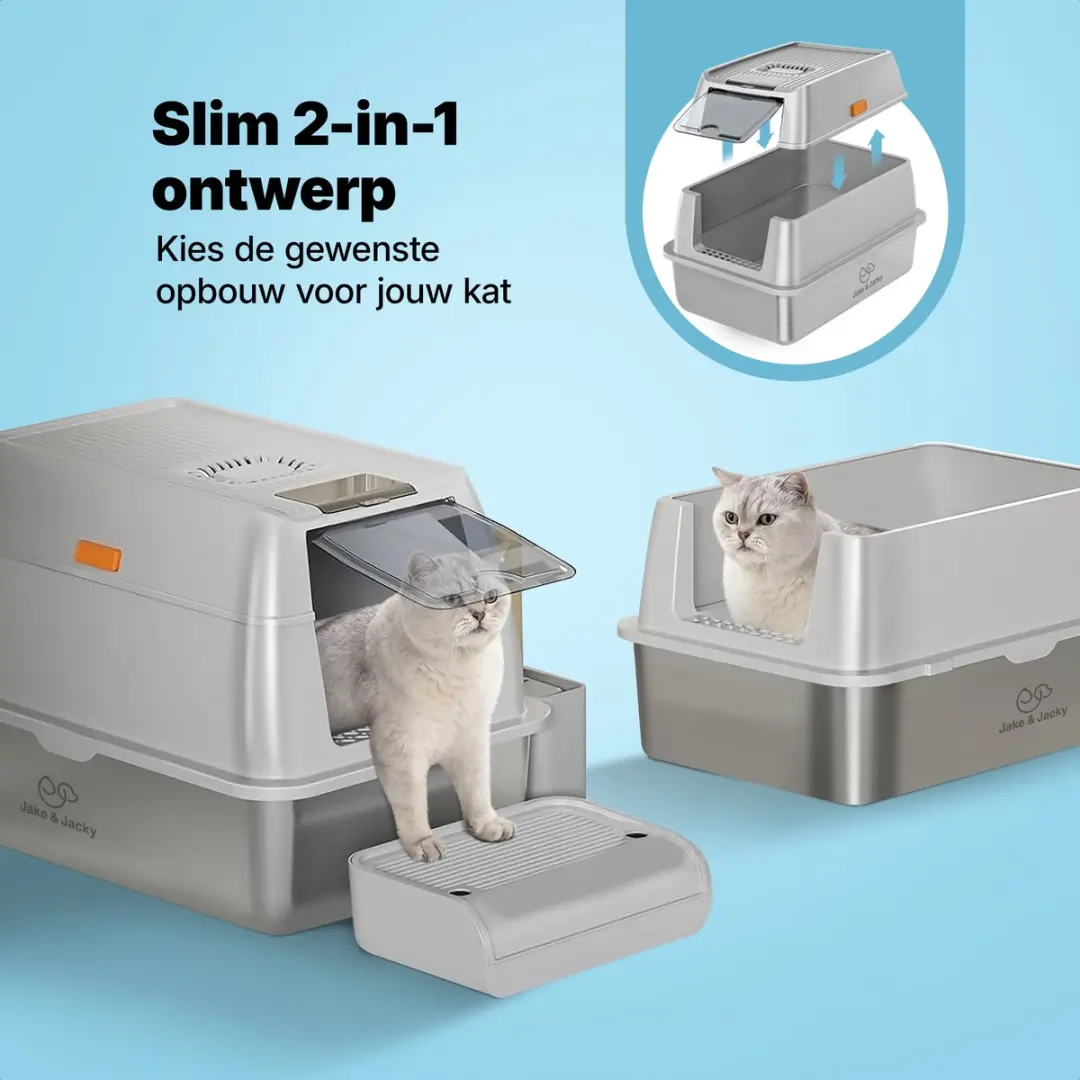 Jake and Jacky RVS Kattenbak 2-in-1 Grijs - 60x40x38cm