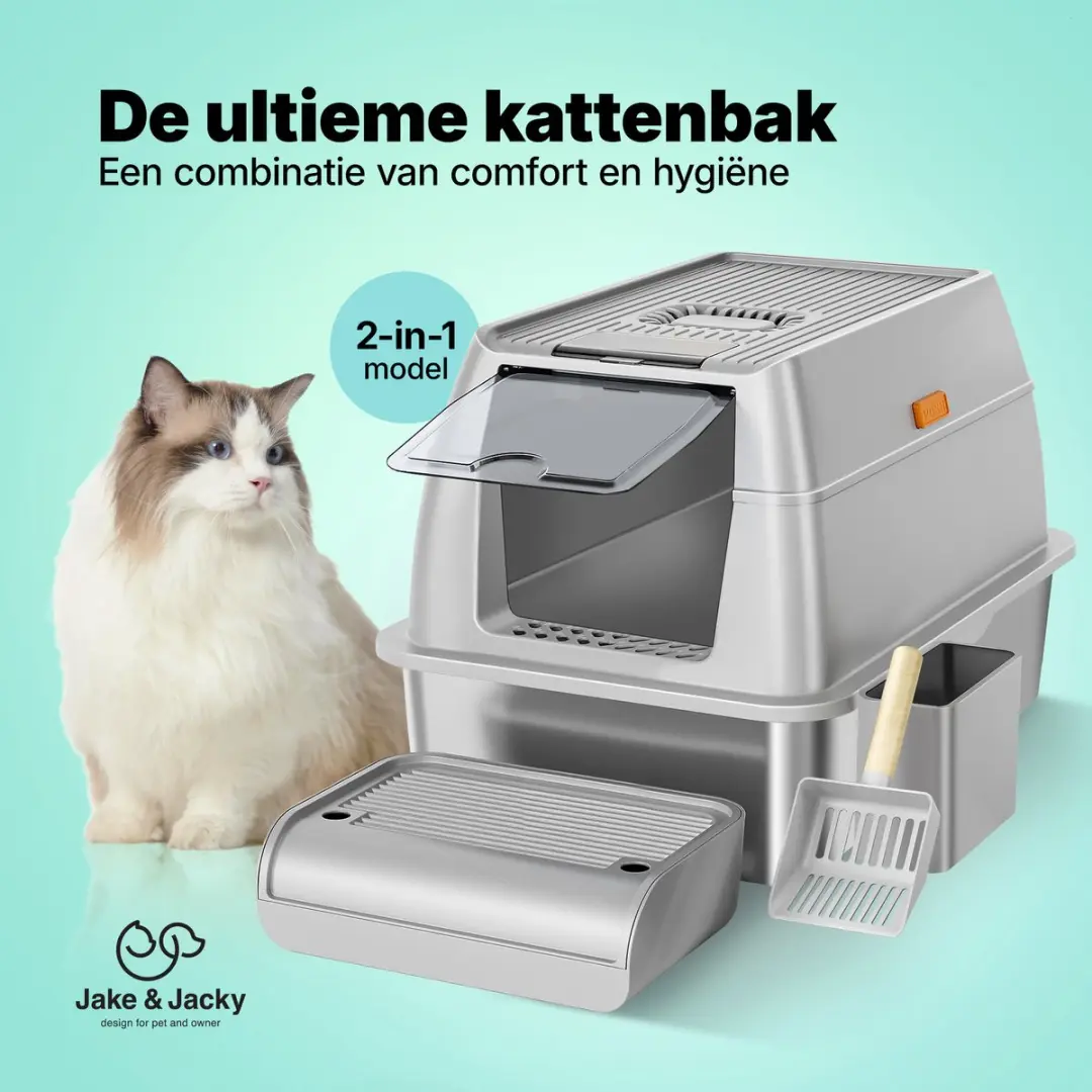 Jake and Jacky RVS Kattenbak 2-in-1 Grijs - 60x40x38cm