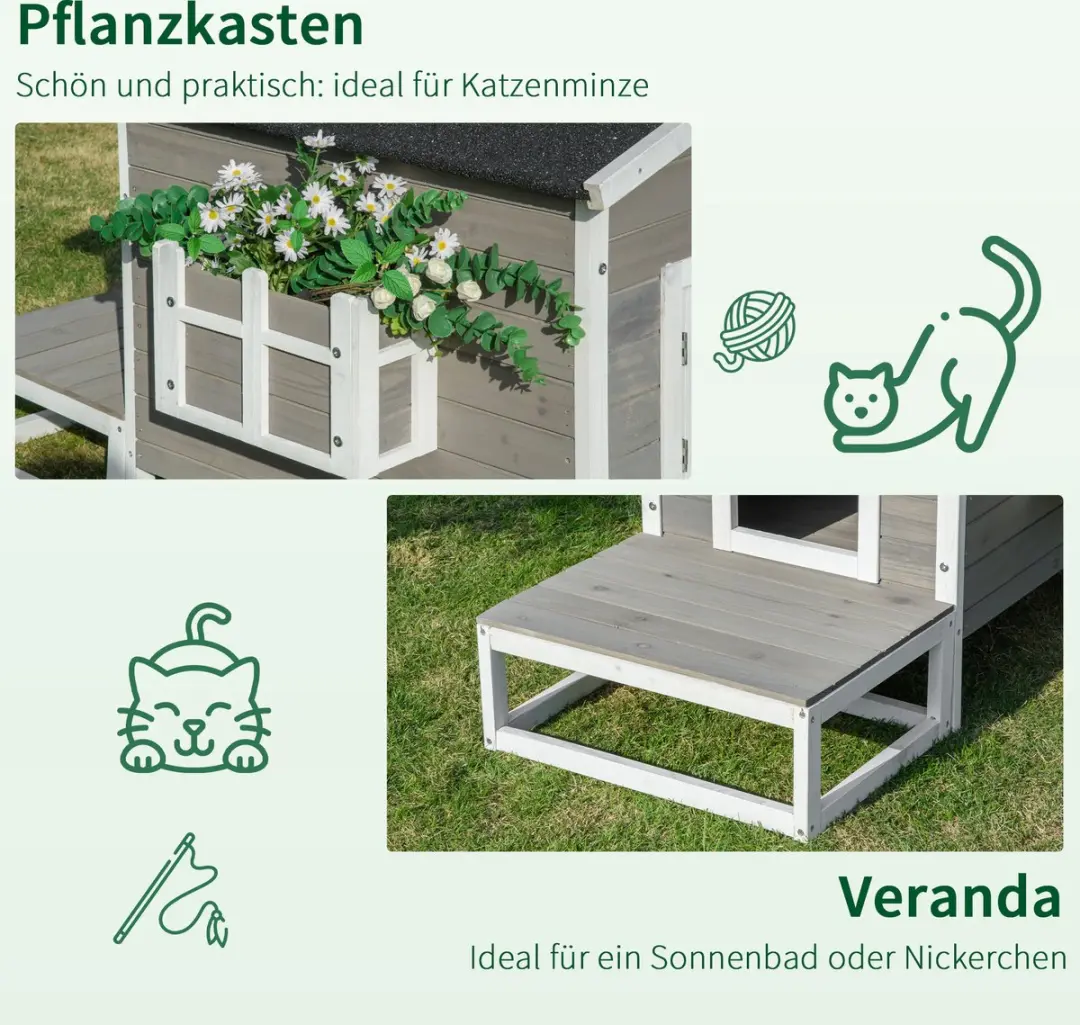 Pawhut Kattenhuis Hout 115x66,5x74,7cm - Grijs/Wit