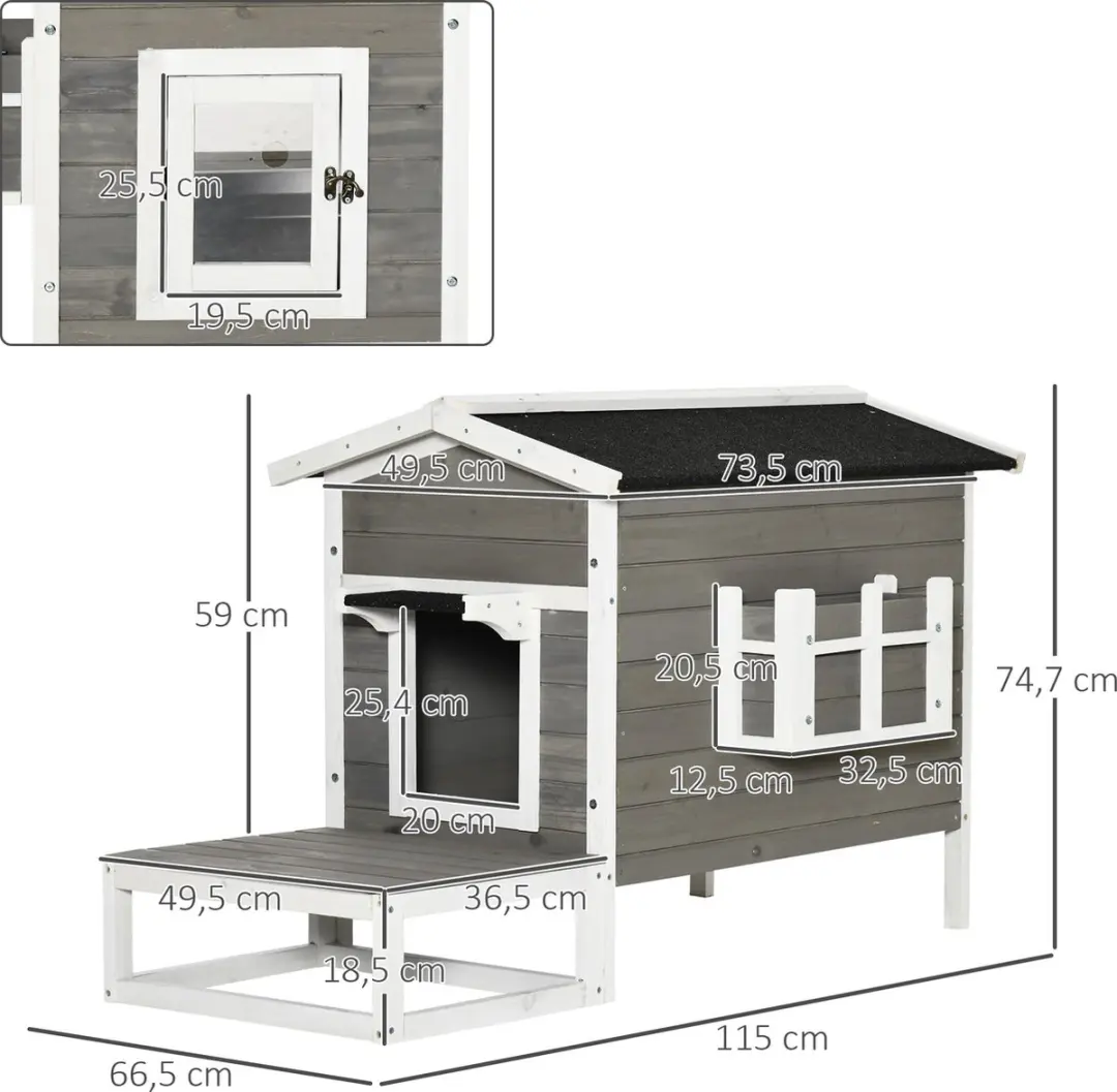 Pawhut Kattenhuis Hout 115x66,5x74,7cm - Grijs/Wit - afbeelding 6 van 6