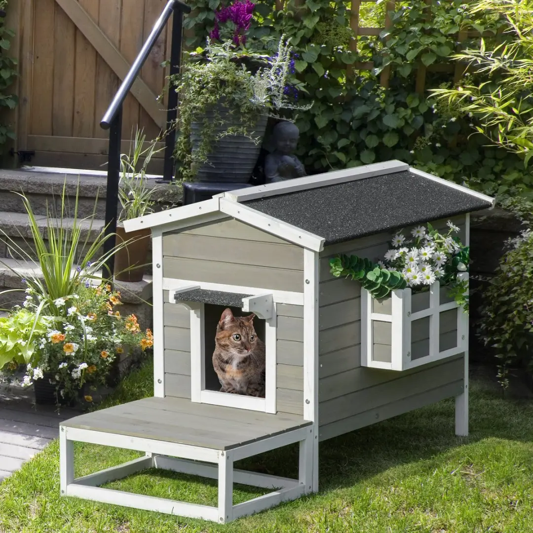 Pawhut Kattenhuis Hout 115x66,5x74,7cm - Grijs/Wit