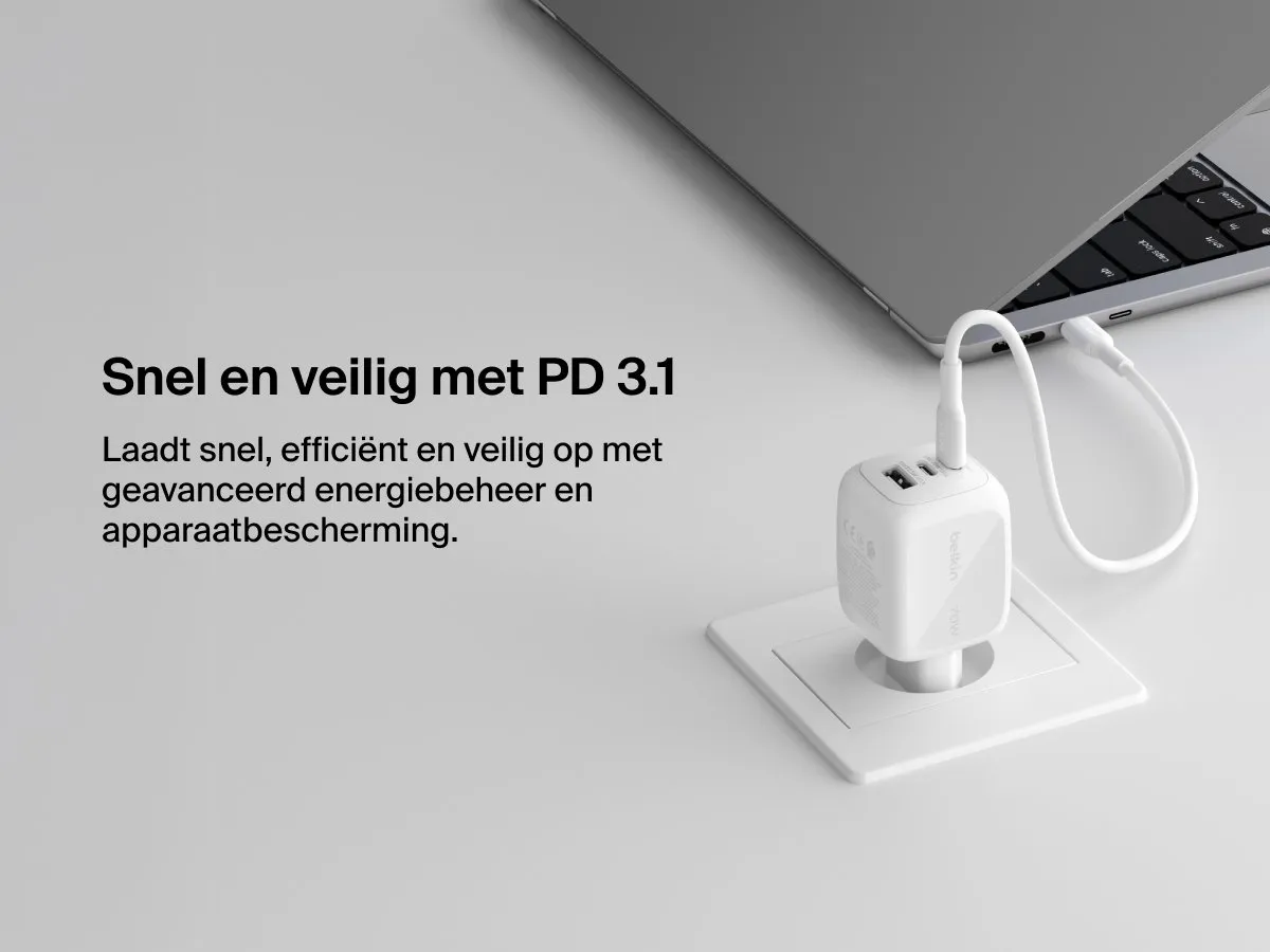 Belkin WCH018hqWH GaN Wandlader 70W - 3 Poorten - Wit - afbeelding 6 van 6