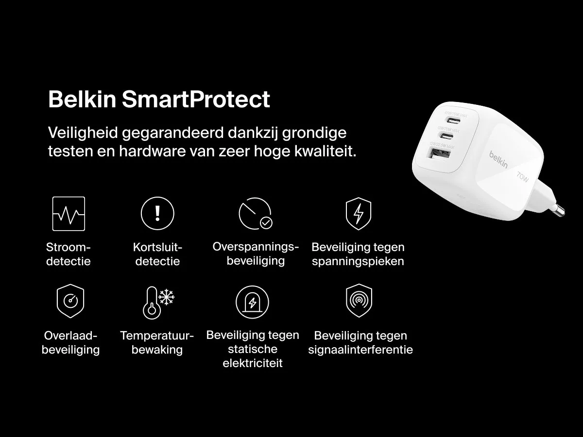 Belkin WCH018hqWH GaN Wandlader 70W - 3 Poorten - Wit