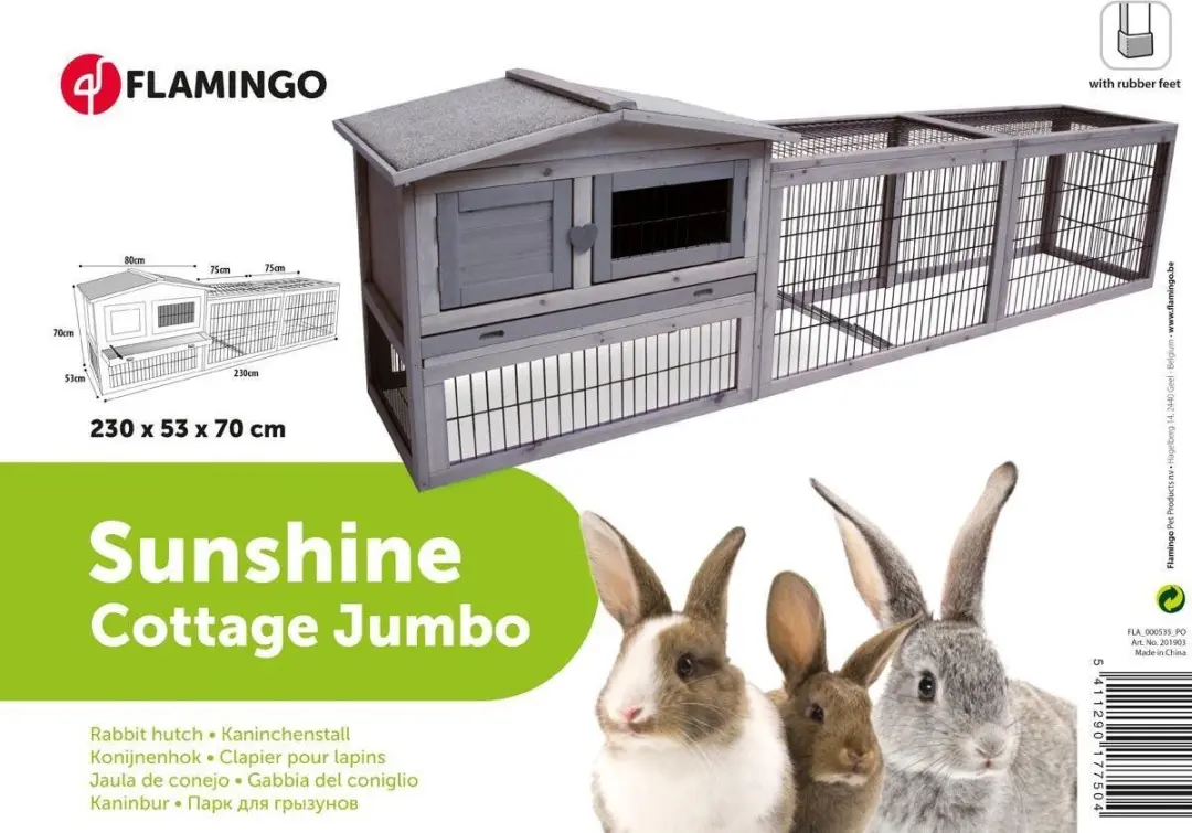 Flamingo Konijnenhok Jumbo Cottage Extra Groot - 230x53x70cm Grijs