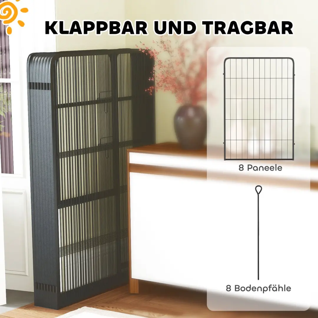 Pawhut Welpenuitloop 8-delig 68x100cm - 100cm hoog - Zwart