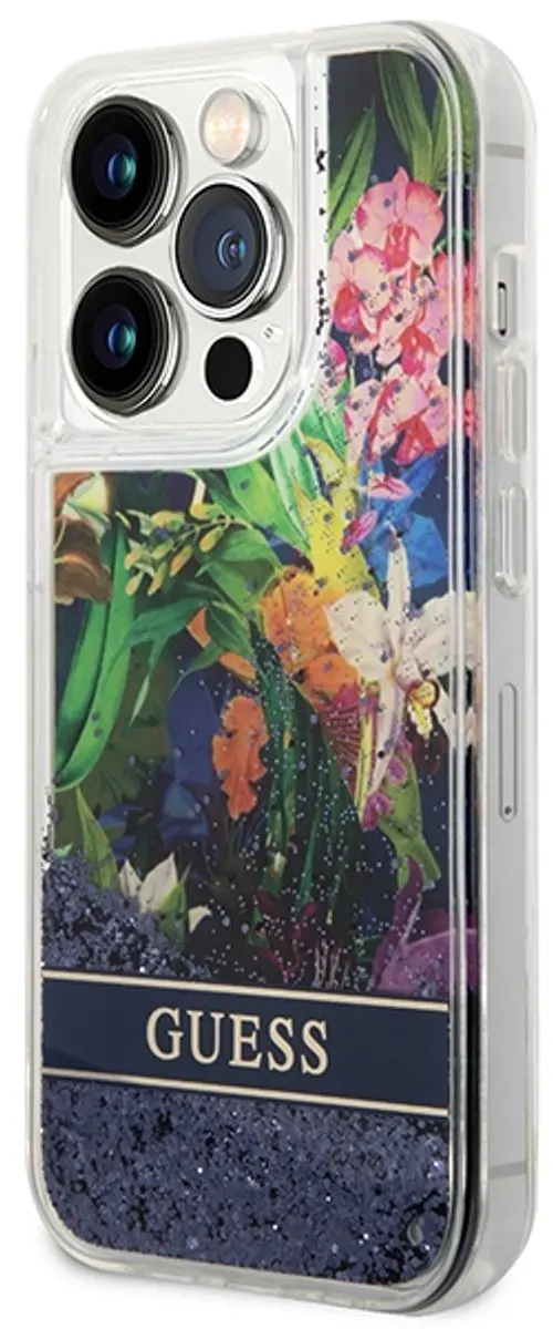 Guess Flower Liquid Glitter iPhone 14 Pro Max Hoesje - Blauw Glitters