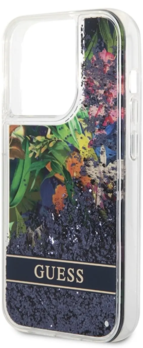 Guess Flower Liquid Glitter iPhone 14 Pro Max Hoesje - Blauw Glitters