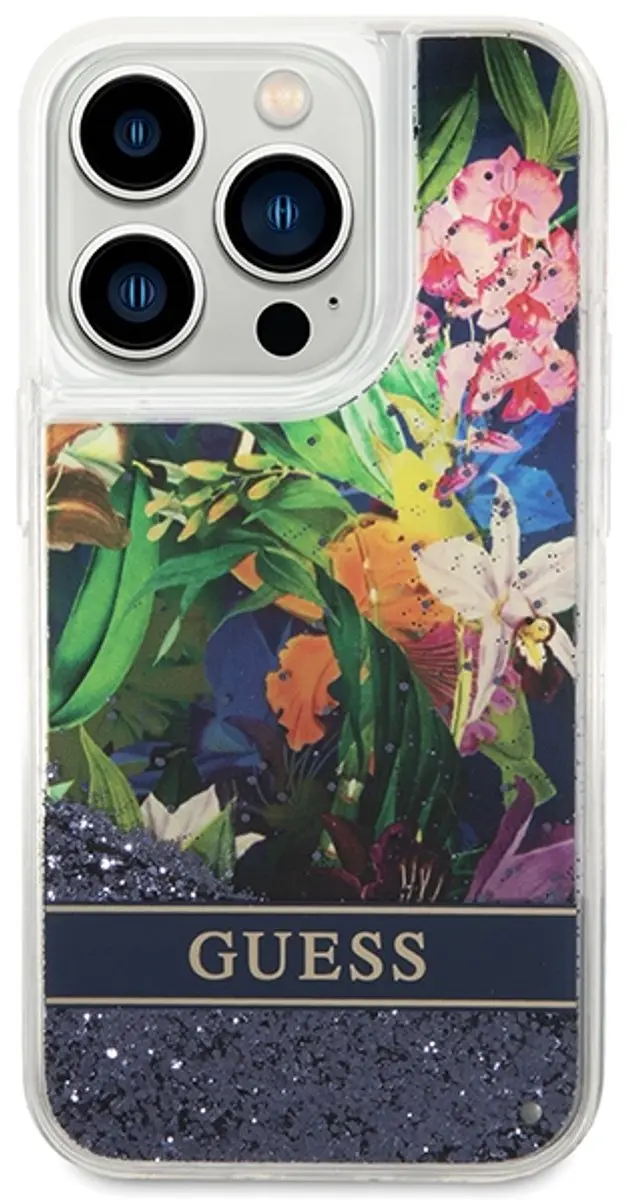 Guess Flower Liquid Glitter iPhone 14 Pro Max Hoesje - Blauw Glitters