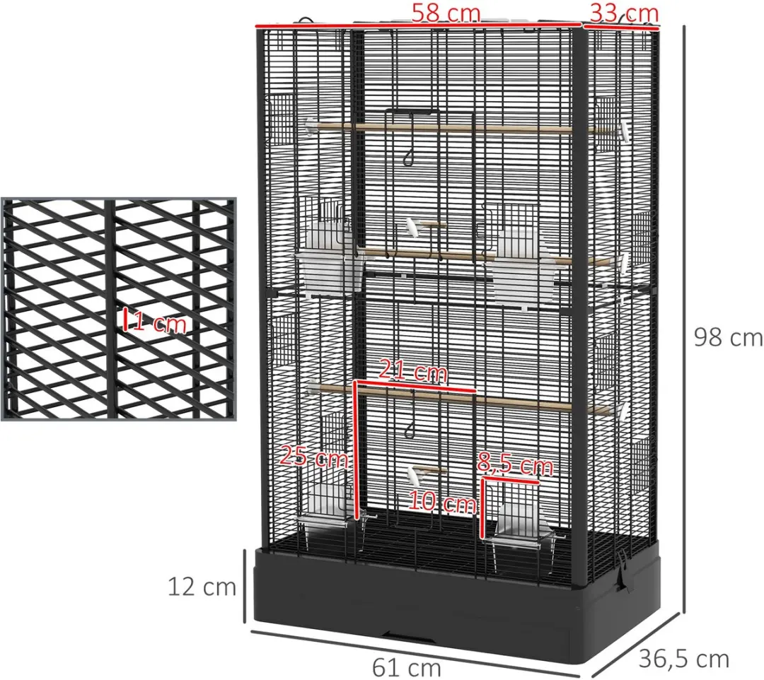 Pawhut Vogelkooi Staal 61x36,5x98cm - Zwart
