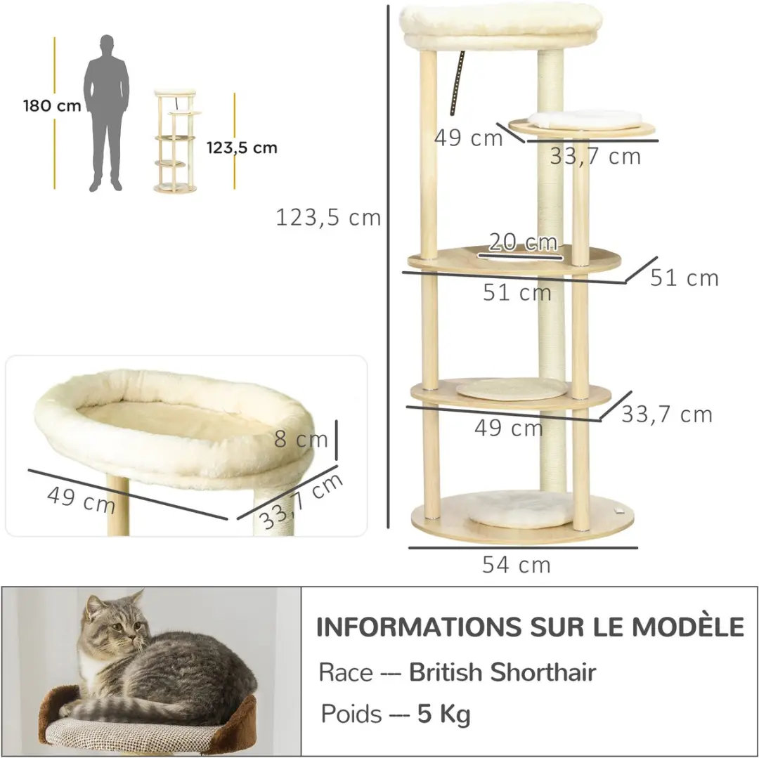 Pawhut Kattenboom Eiken - 54x54x123,5cm - 4 Niveaus