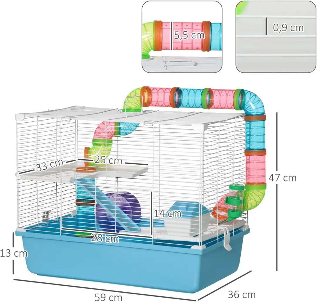 Pawhut Hamsterkooi 59x36x47cm - Blauw
