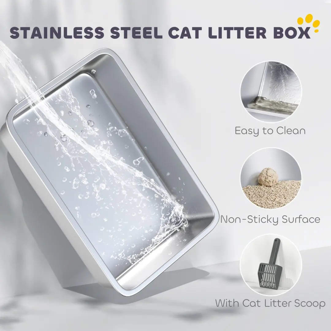 Pawhut Kattenbak 85L - 71x50,8cm Roestvrij Staal Grijs