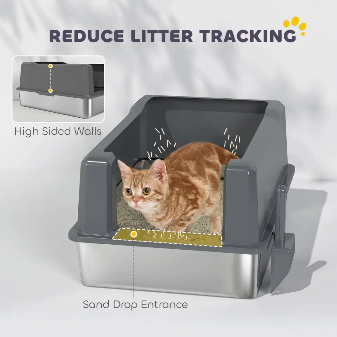 Pawhut Kattenbak 85L - 71x50,8cm Roestvrij Staal Grijs