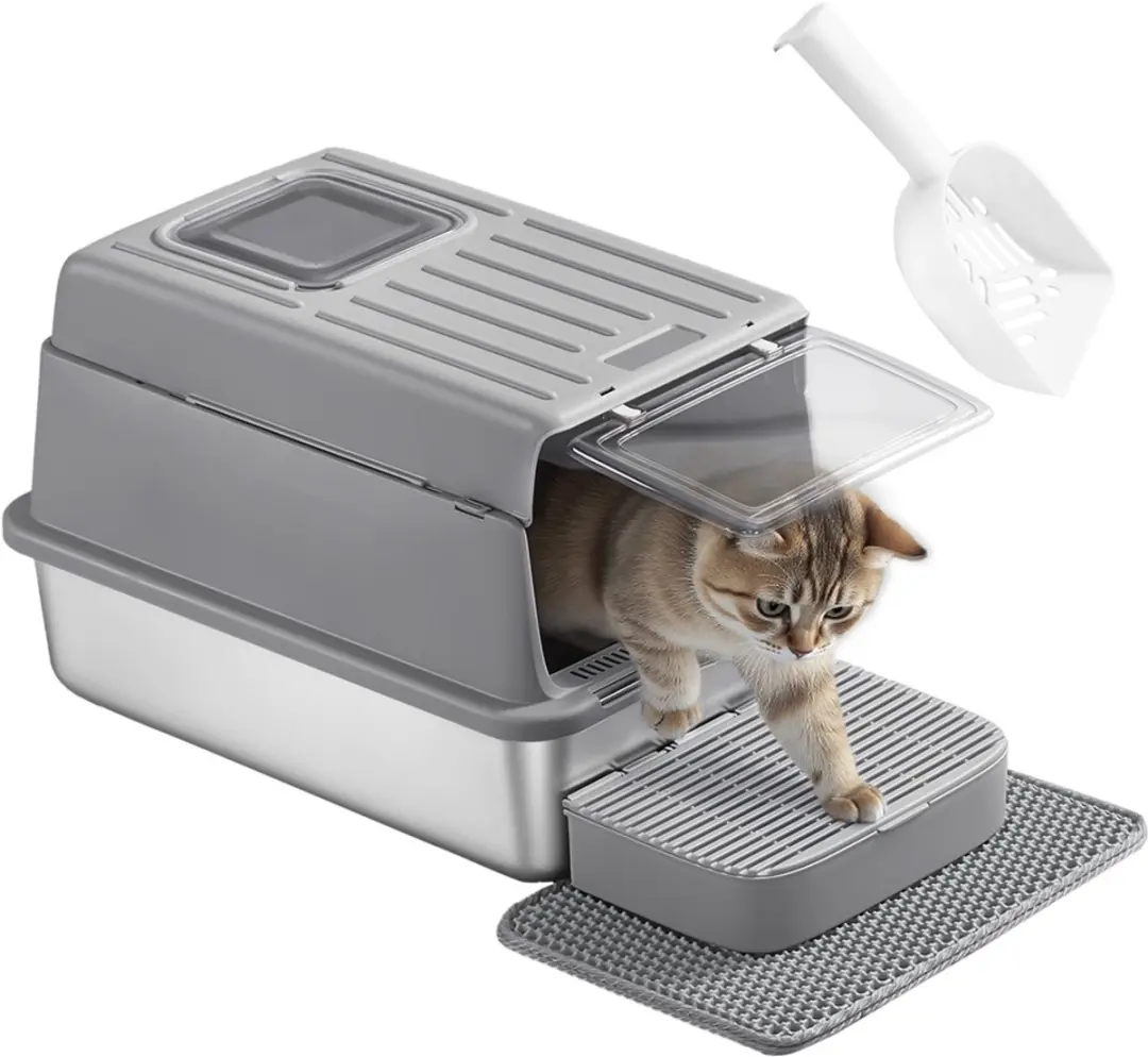 Songmics Kattenbak met deksel - Roestvrij staal - Inclusief schepje