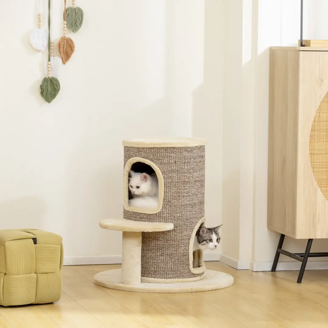 Pawhut Kattentoren Beige/Bruin 60x60x61cm - 2 Ligplekken