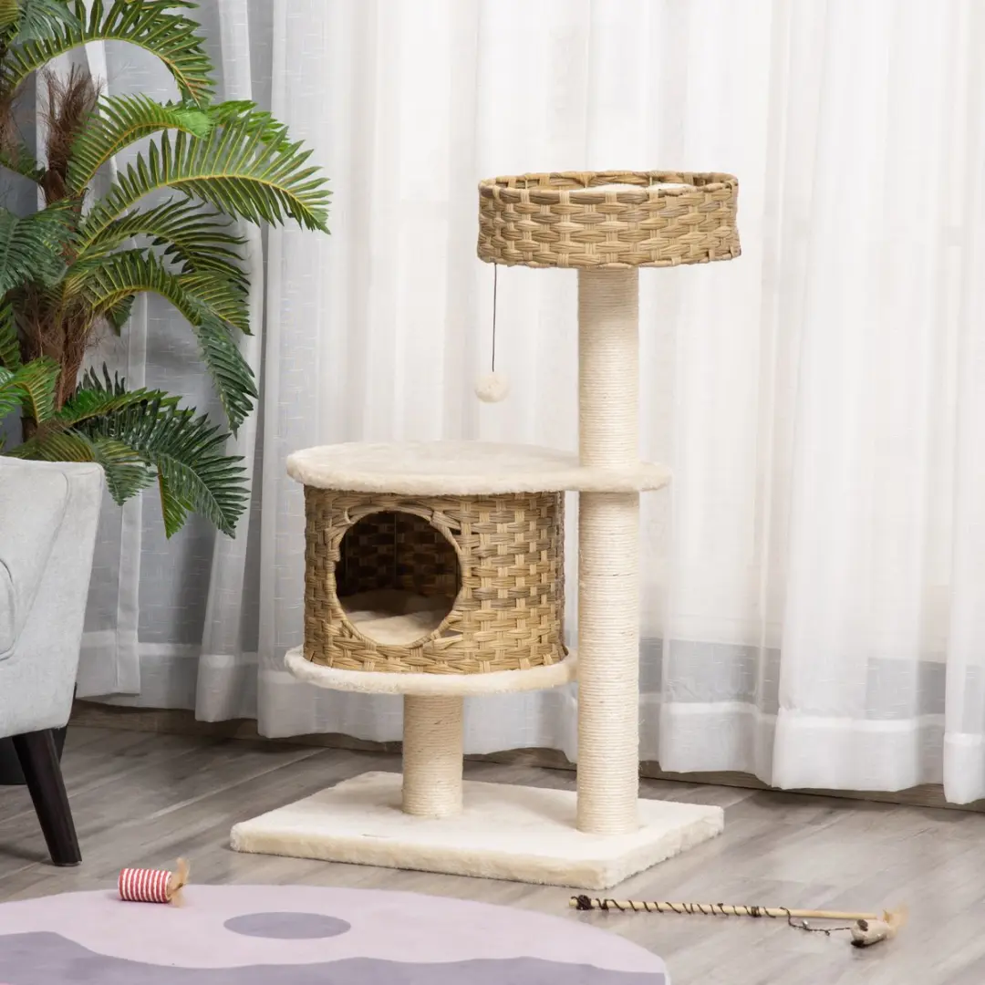 Pawhut Krabpaal met Kattengrot 95cm - 2 Niveaus - Ø8.3cm - Bunt