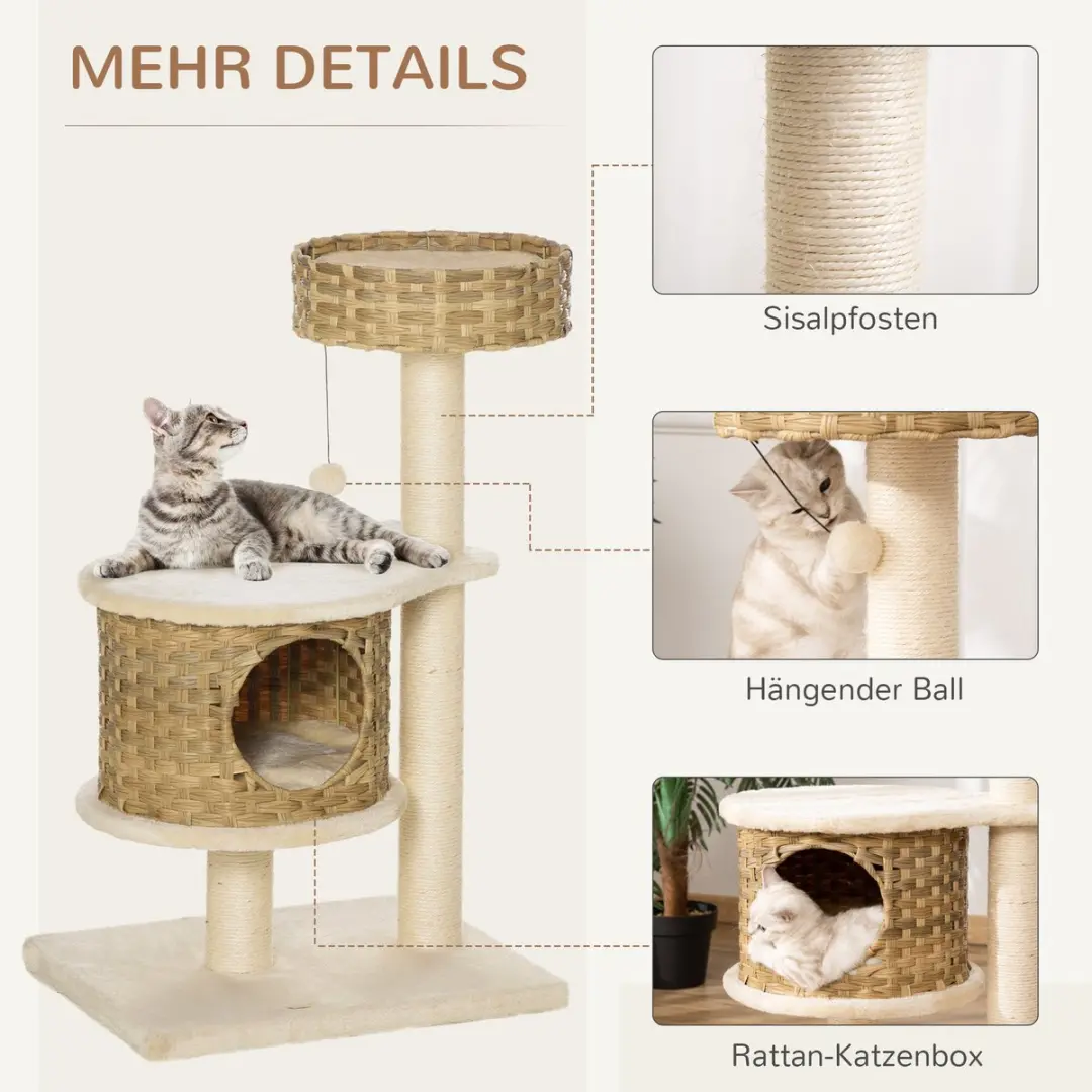 Pawhut Krabpaal met Kattengrot 95cm - 2 Niveaus - Ø8.3cm - Bunt