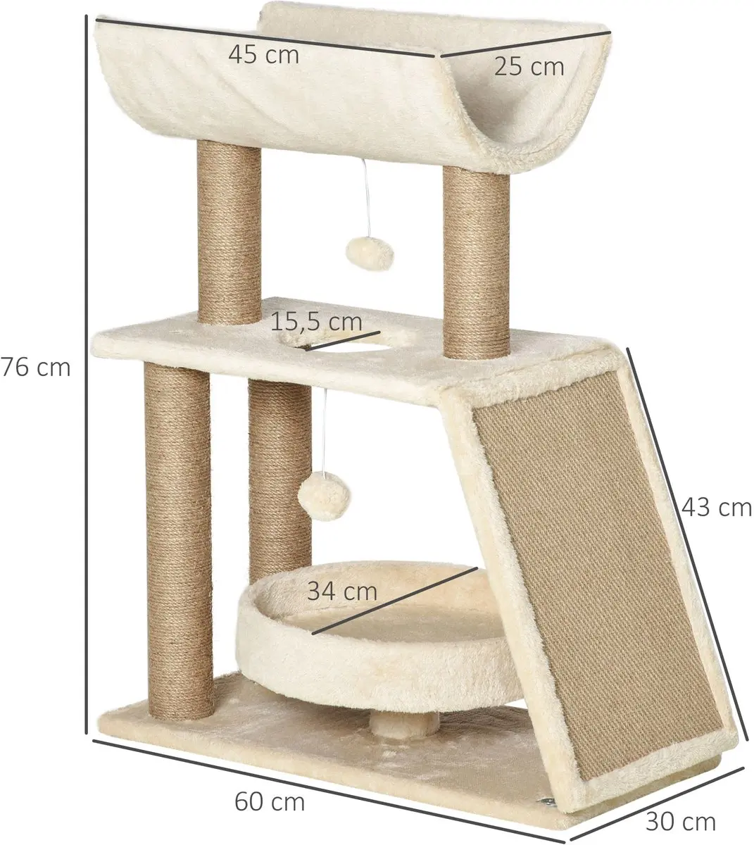 Pawhut Krabpaal Lichtbruin 60x30x76cm - 3 Niveaus