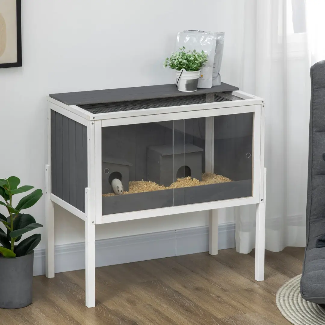 Pawhut Hamsterkooi 82x45x81cm - Donkergrijs - met 2 hutten