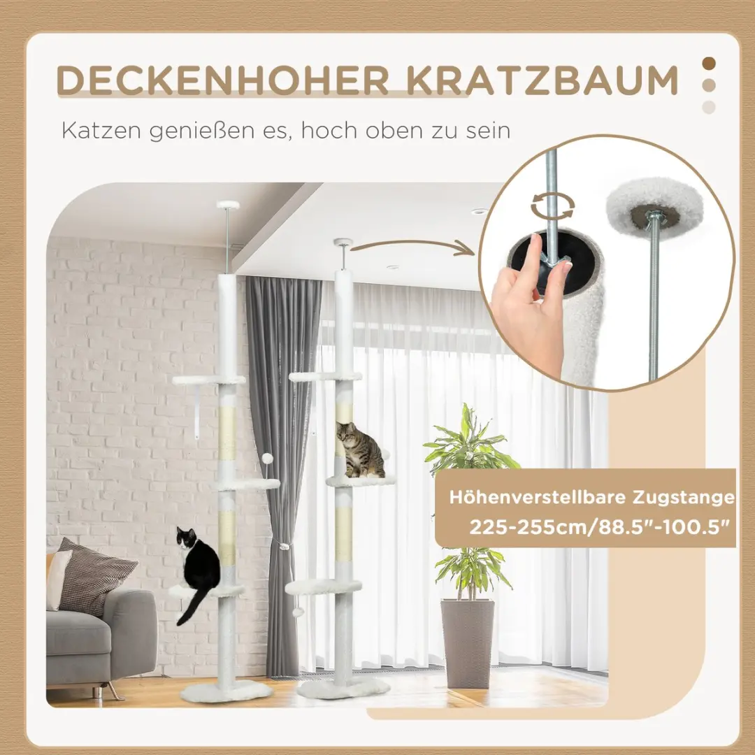 Pawhut Kratzbaum Deckenhoog 225-255cm - 4 Niveaus - 4 Ligplekken - Wit