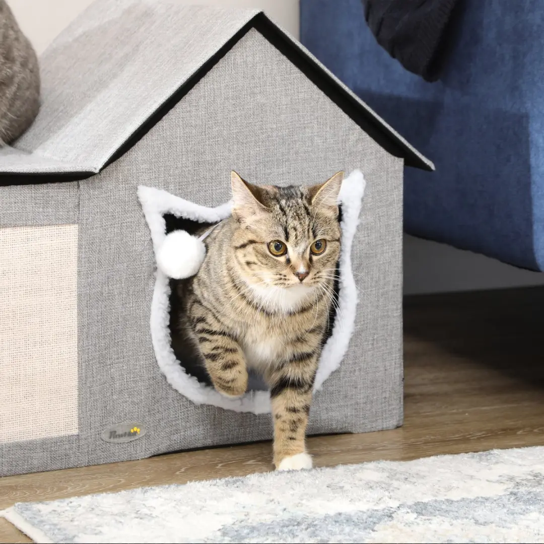 Pawhut Kattenhuis met Speelbal en 2 Ingangen - Grijs