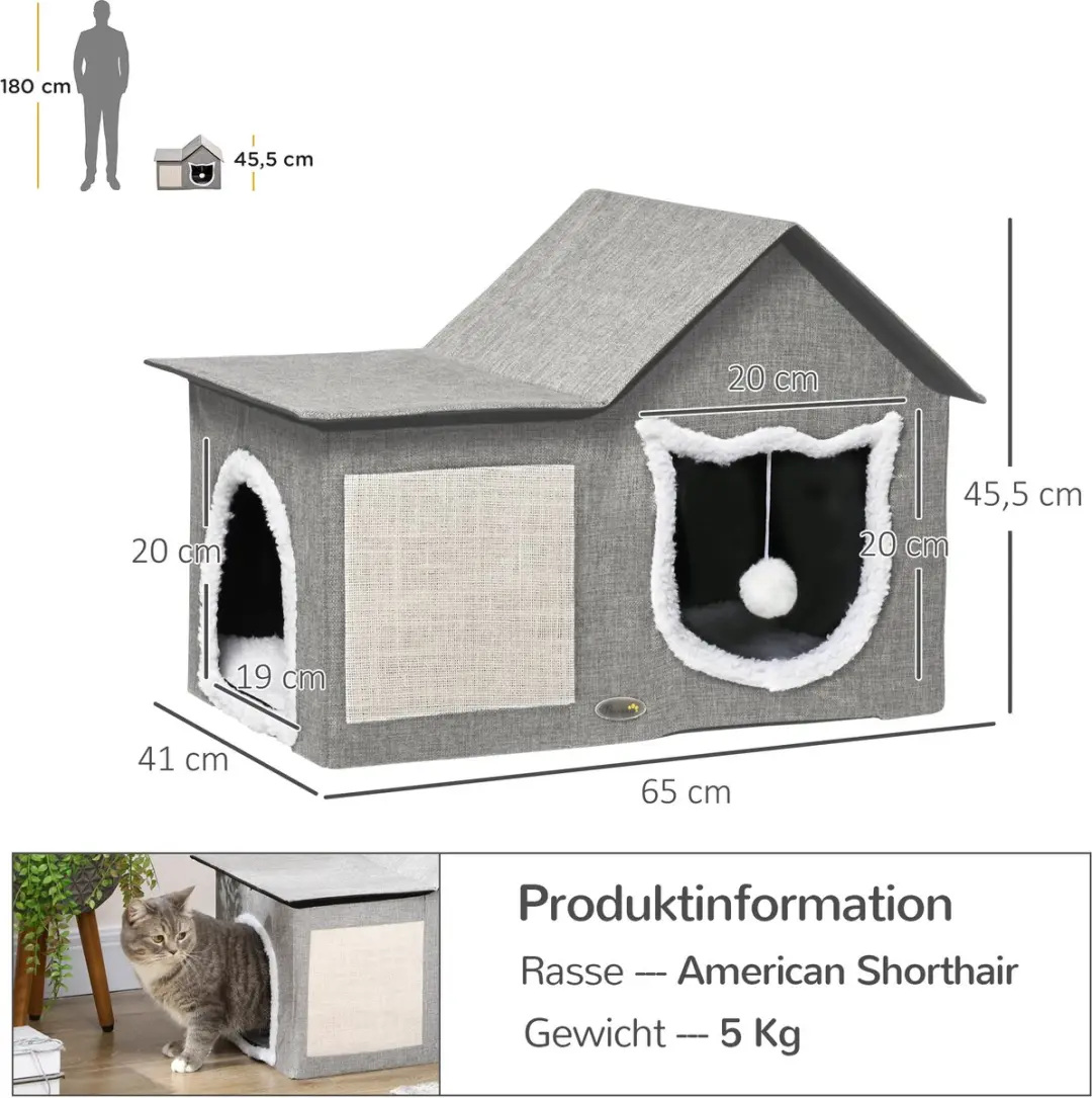 Pawhut Kattenhuis met Speelbal en 2 Ingangen - Grijs