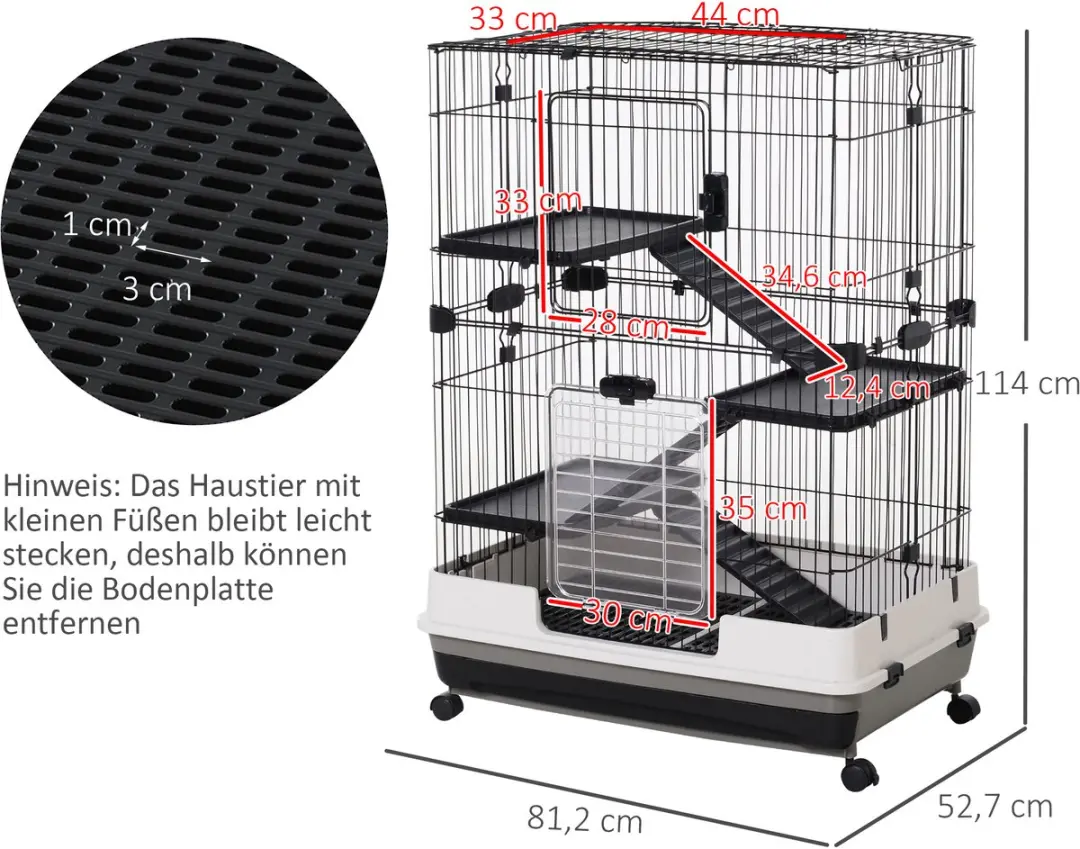 Pawhut Kleintierkooi 81x53x110cm - 2 Verdiepingen - 4 Wielen - Zwart/Wit/Grijs