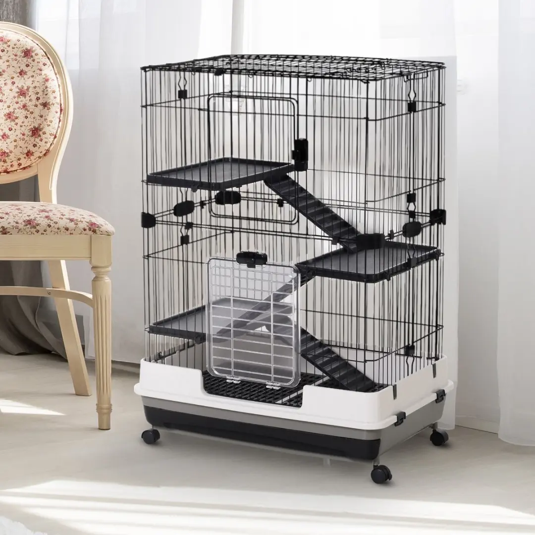 Pawhut Kleintierkooi 81x53x110cm - 2 Verdiepingen - 4 Wielen - Zwart/Wit/Grijs