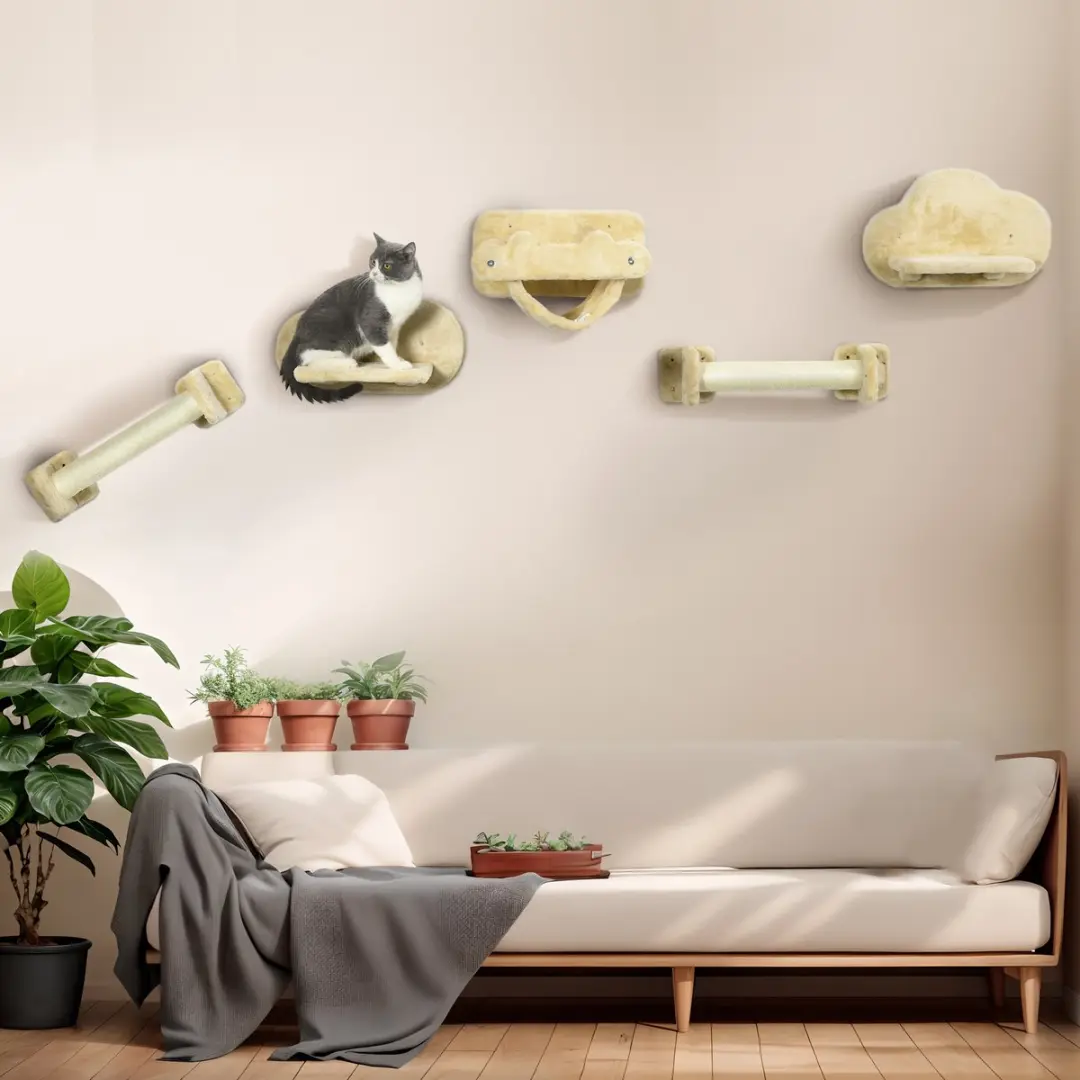 Pawhut Kattenkletterwand 5-delig - 4 Niveaus - Beige