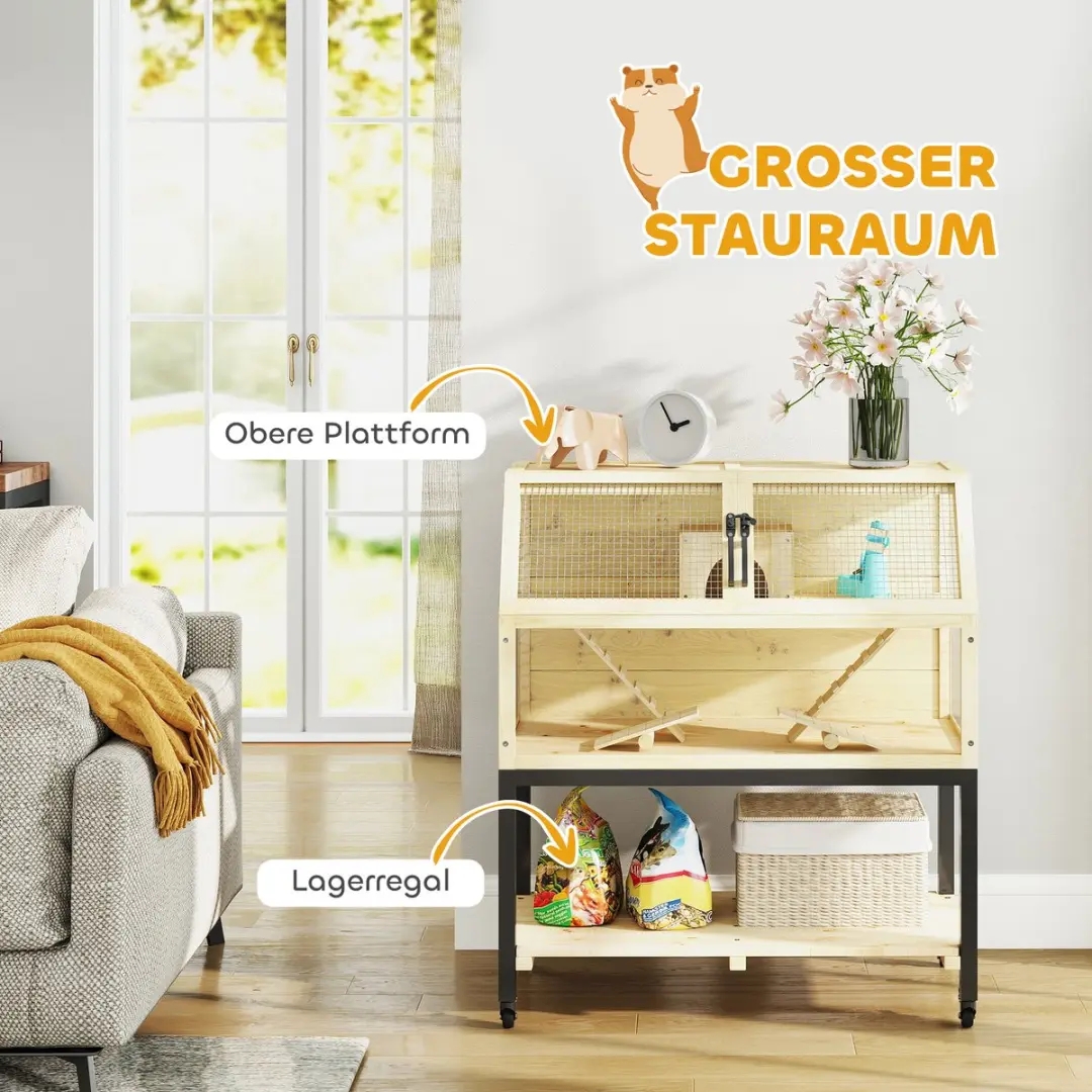Pawhut Zwerghamsterkooi 87x43x101cm - Natuurhout - Inclusief waterfles & speelgoed