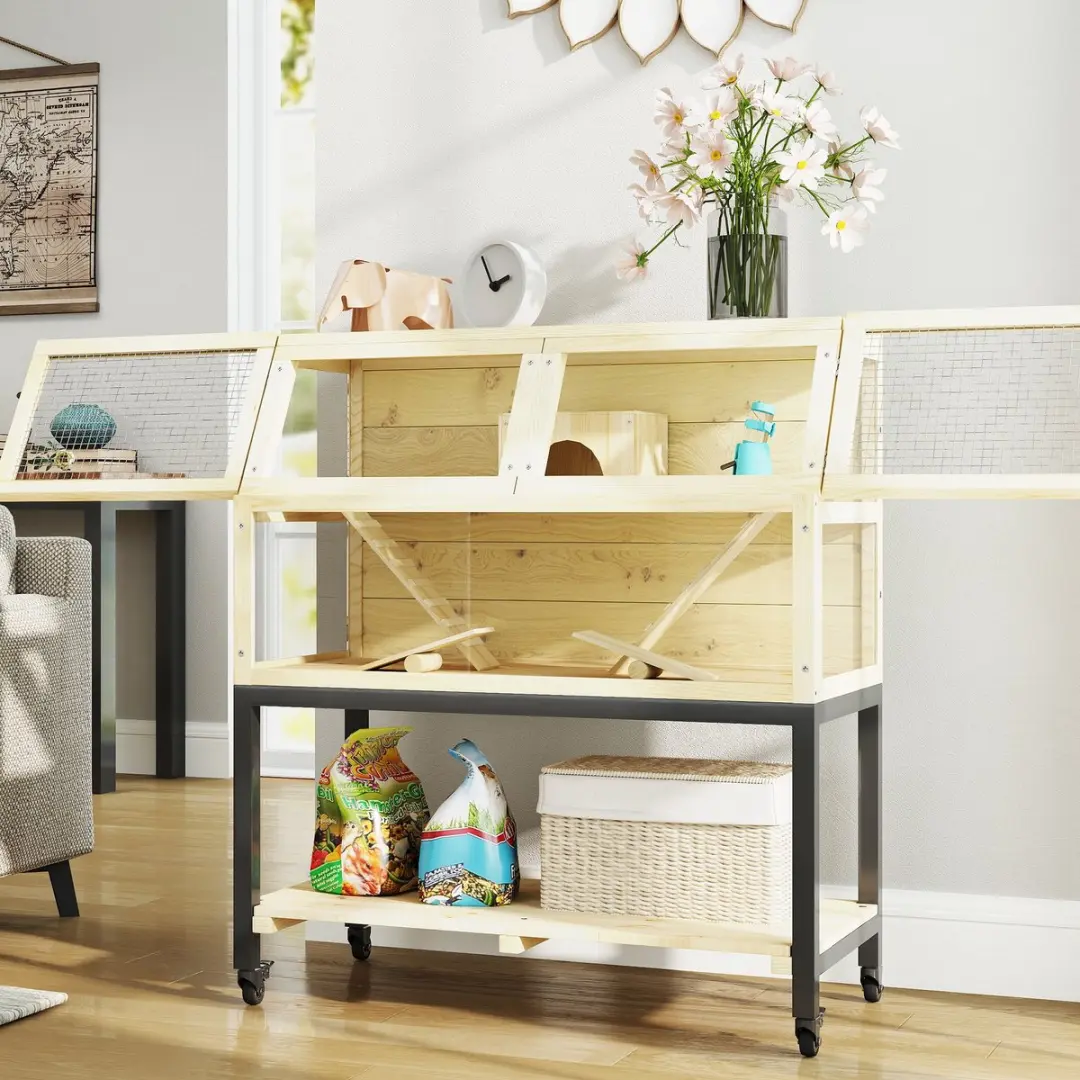 Pawhut Zwerghamsterkooi 87x43x101cm - Natuurhout - Inclusief waterfles & speelgoed