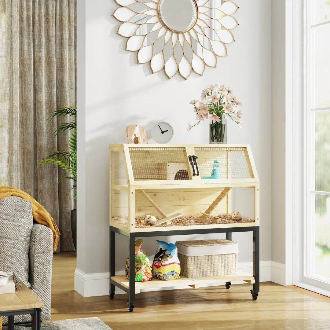 Pawhut Zwerghamsterkooi 87x43x101cm - Natuurhout - Inclusief waterfles & speelgoed
