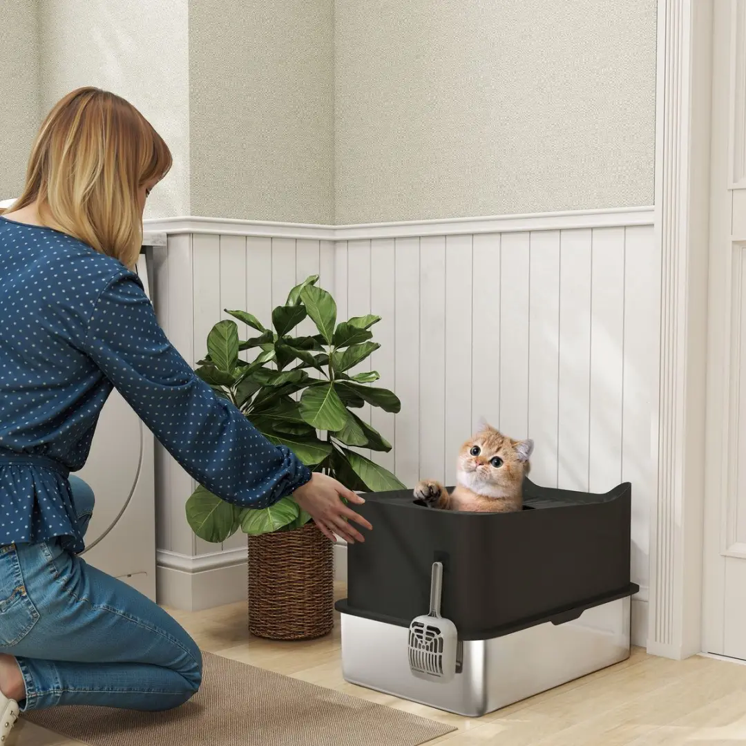 Pawhut Kattenbak 60x40x38cm - Inox - Zwart