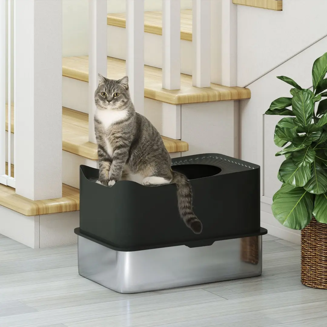 Pawhut Kattenbak 60x40x38cm - Inox - Zwart