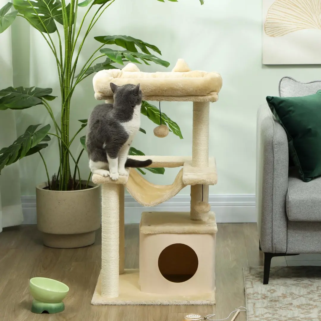 Pawhut Kattenkrabpaal 90cm - 3 Niveaus - 3 Ligplekken - Creme