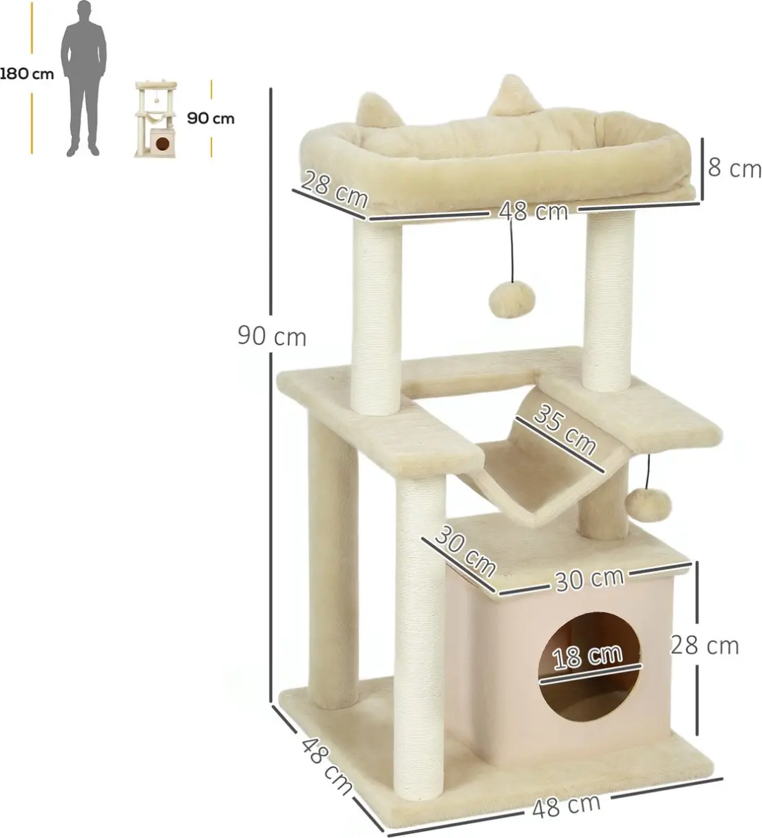 Pawhut Kattenkrabpaal 90cm - 3 Niveaus - 3 Ligplekken - Creme