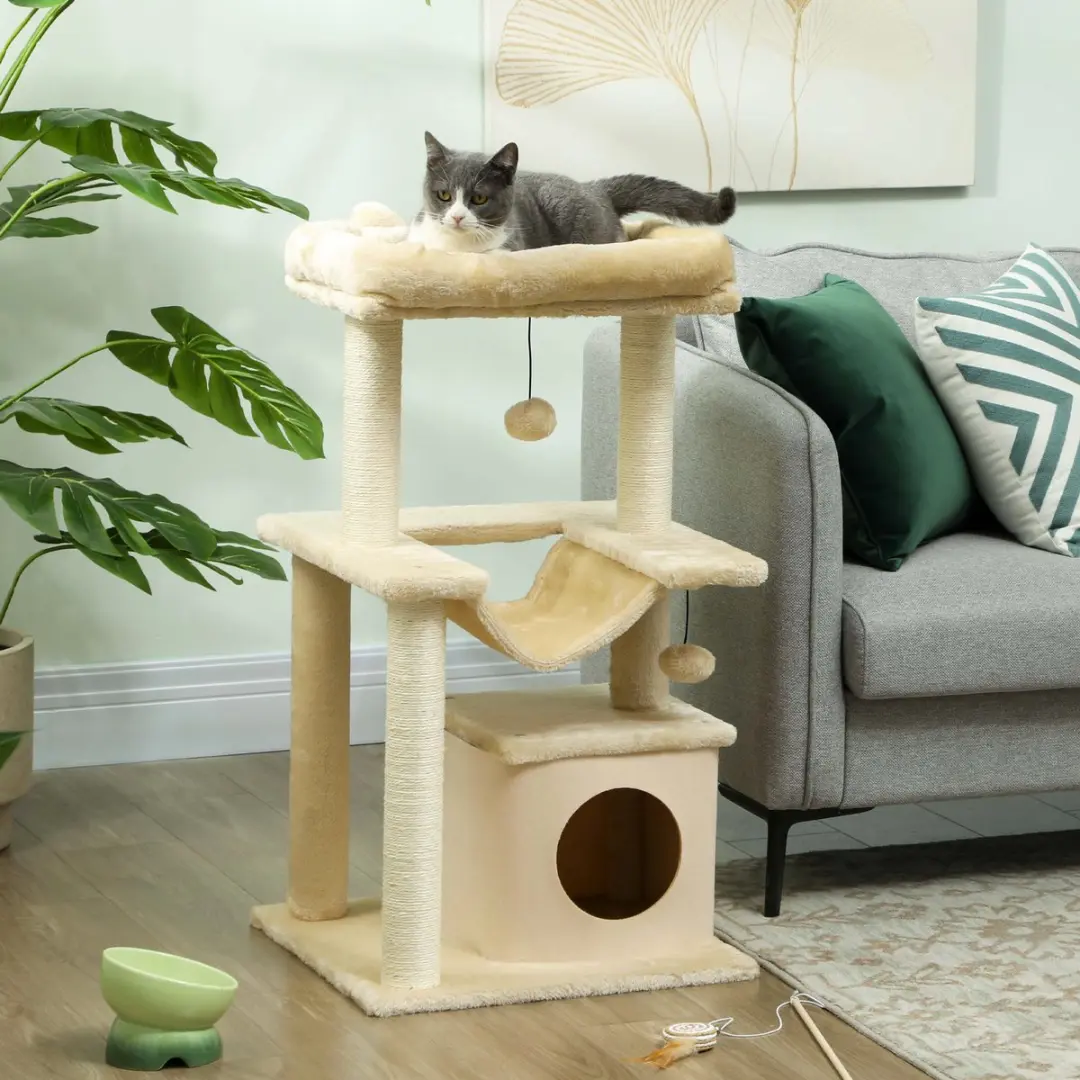 Pawhut Kattenkrabpaal 90cm - 3 Niveaus - 3 Ligplekken - Creme