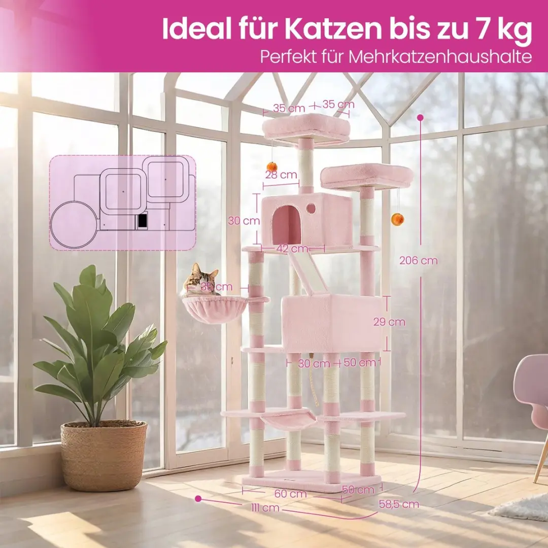 Songmics Krabpaal 206cm - 13 Krabpalen - 3 Ligplekken - 7 Niveaus - Roze