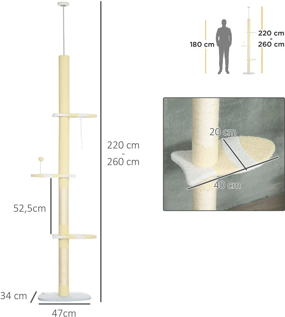 Pawhut Krabpaal 47x34x260cm Geel - 4 Ligplekken
