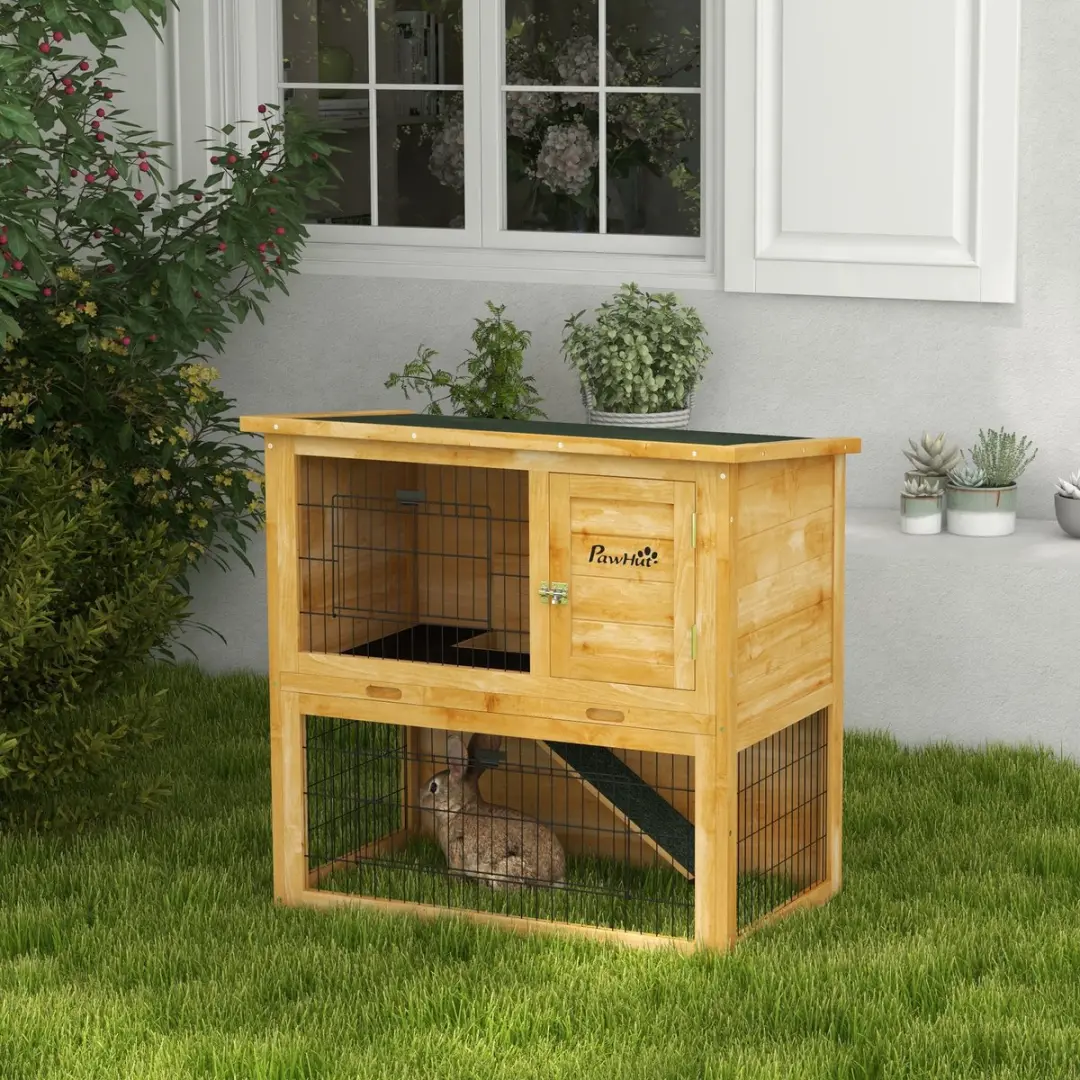 Pawhut Konijnenhok Hout 85x50x80cm - 2 Verdiepingen - Geel